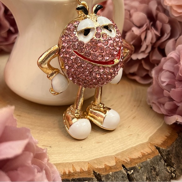 Whimsical Pink Crystal M&M Character Keychain Charm - Picture 4 of 16